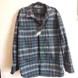 NWT Wrangler All Terrain Gear Two Pocket Utility Shirt Green Grey Plaid Print